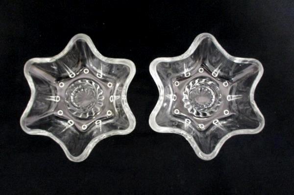2 Vintage 6 Rounded Point Star or Flower Clear Glass Candle Holder w/ Ball Feet