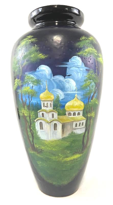 Vintage Unknown Brand Vase Black Russian Hand Painted Church Mural Height 13.5"