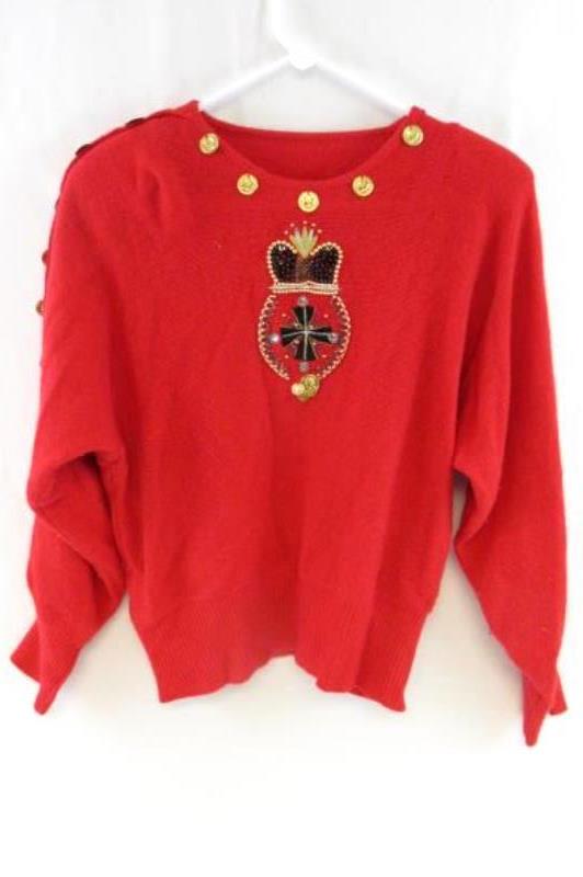 Vintage Red Crest Knit Sweater Women's Size See Measurements Knit Beaded Coins