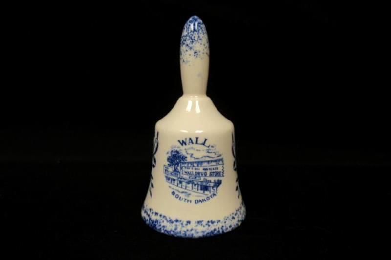 Souvenir Porcelain Bell Wall Drug Store South Dakota White Blue