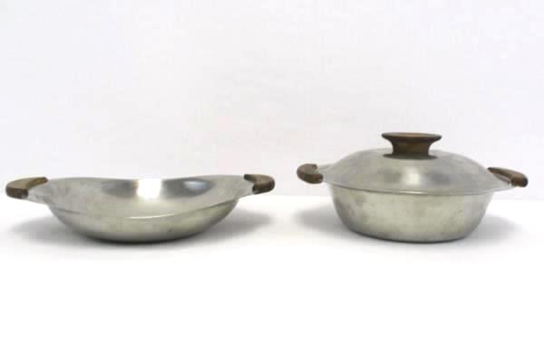 Lot of 2 MCH 18-8 Stainless Steel Serving Bowls One Lidded Wood Handles