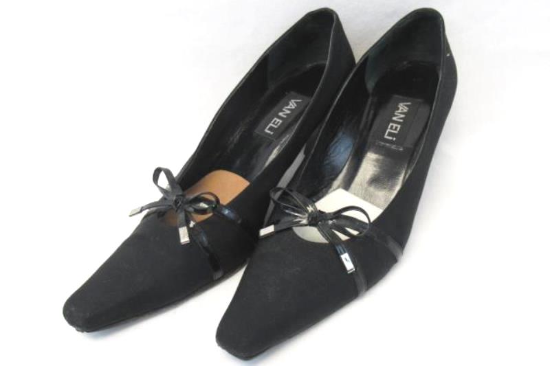 Vintage Van Eli Square Toe Kitten Heels Women's Size 9 M Bow Black Metal