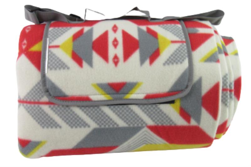 Picnic Blanket Mat Fleece Fold And Carry Handles Beach Geometric Red Grey Yellow
