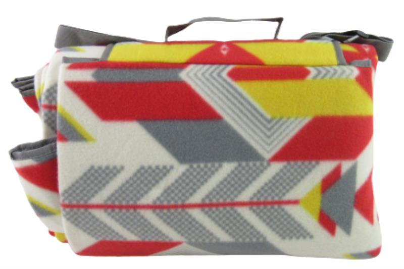 Picnic Blanket Mat Fleece Fold And Carry Handles Beach Geometric Red Grey Yellow