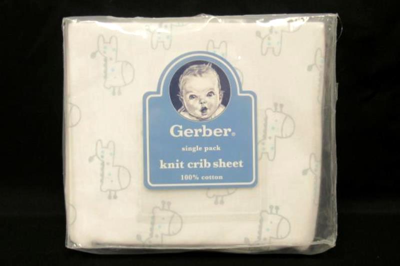Gerber Single Pack Knit Crib Sheet Pure Cotton Giraffes Gray White Blue
