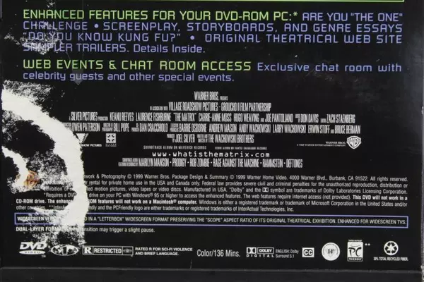 The Matrix DVD Keanu Reeves Laurence Fishburne Rated R 1999 