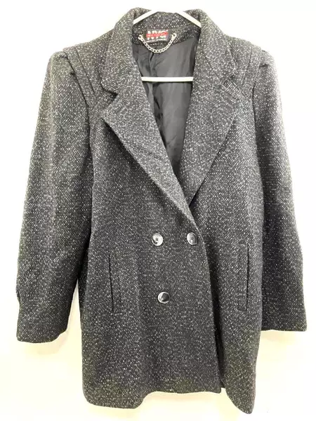 Vintage New York Girl Pea Coat Jacket Black White Specks Wool Women's Size 14