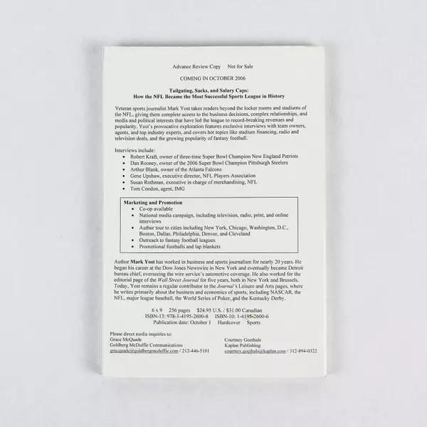 Tailgating, Sacks, and Salary Caps by Mark Yost 2006 NFL Paperback Book