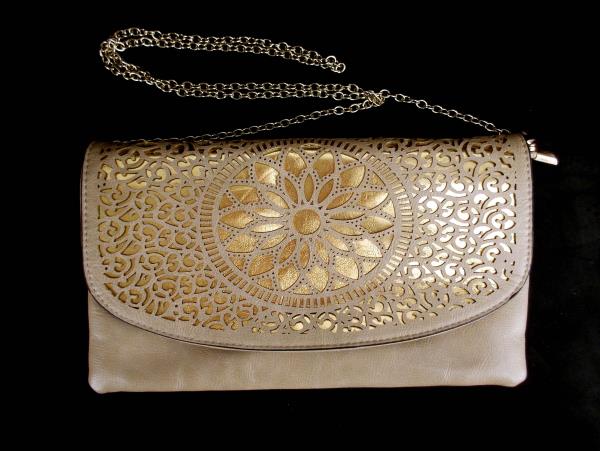 Melie Bianco Purse Convertible Crossbody Clutch Tan & Gold Laser Cut RENEE
