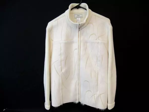 Lisa International Ivory Knit Jacket Women's Size M Faux Leather & Fur Trim