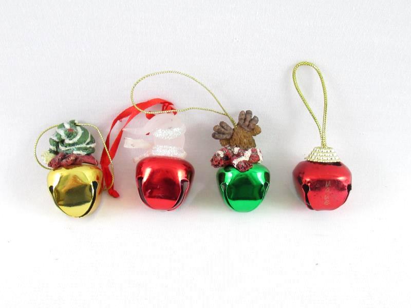 Lot of 4 Bell Christmas Ornaments Snowman Bear Reindeer Red Green Gold