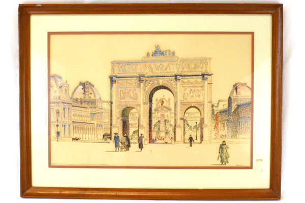 Vintage Framed Punch Mark Arc De Triomphe Du Carrousel Watercolor Signed