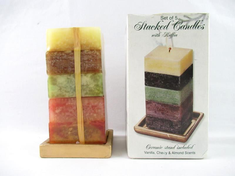 Giftco Set of 5 Stacked Candles With Raffia Scented Vanilla Cherry Almond