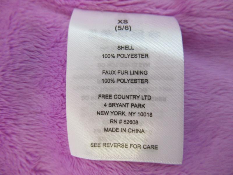Free Country Girl's Fuzzy Lined Winter Jacket Size 5 6 Pink Purple Grey