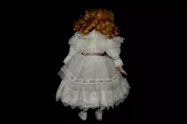 Victorian Blonde Girl Porcelain Doll White Dress Lavender Trim Wide Hat 15.5in