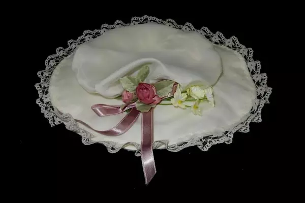 Victorian Blonde Girl Porcelain Doll White Dress Lavender Trim Wide Hat 15.5in