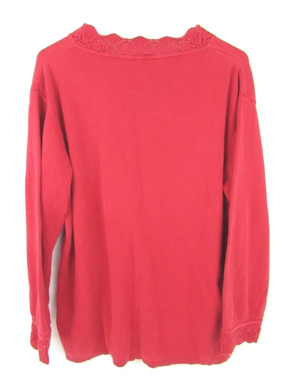 Coldwater Creek Red V Neck Top With Knit Crochet Trim Women's Size Medium