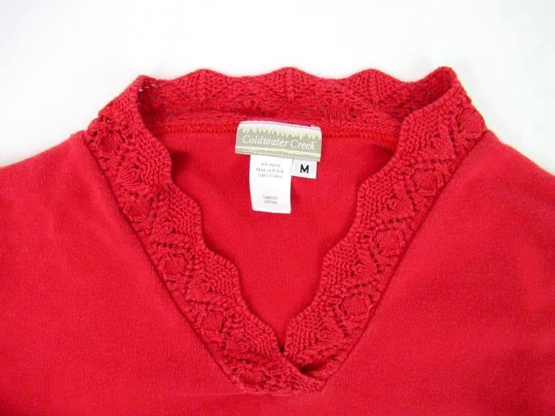 Coldwater Creek Red V Neck Top With Knit Crochet Trim Women's Size Medium
