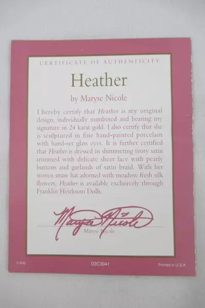 Franklin Heirloom LE Heather Porcelain Doll E6079 Signed 24K Gold with COA