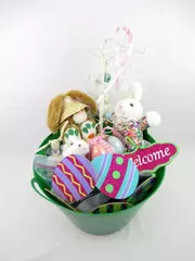 Lot of Easter Decor Tree Bunnies Candles Eggs Paper Plates Basket Wall Hangings