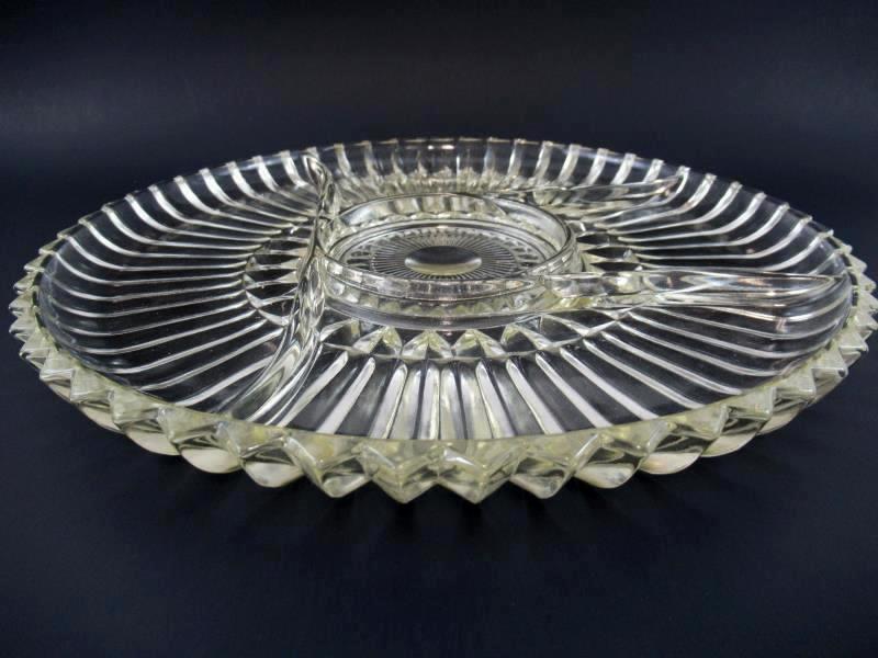 Vintage Divided Serving Platter Plate Scalloped Clear Glass 12 Inch Gold Tinted