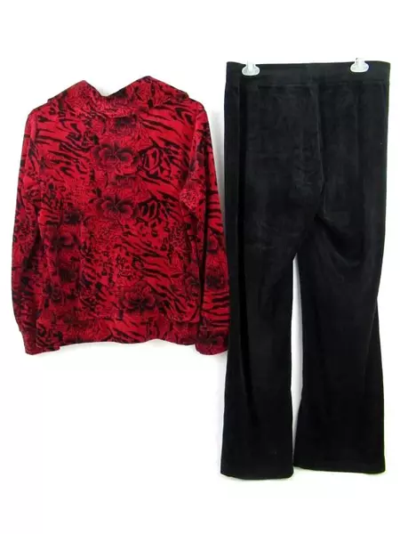 Style & Co Sport 2 Piece Women's Velvet Track Suit Medium Jacket Pants Black Red