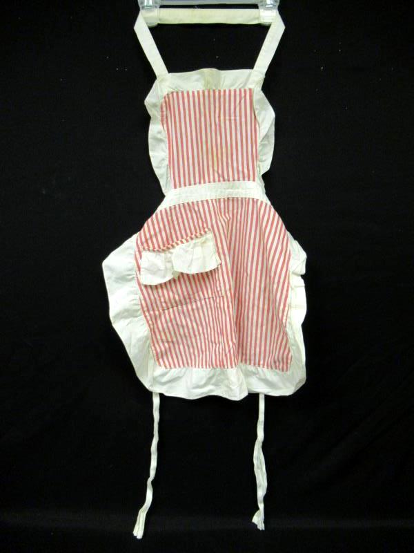 Vintage Child's Apron Red White Stripe Ruffles Pocket Tiebacks