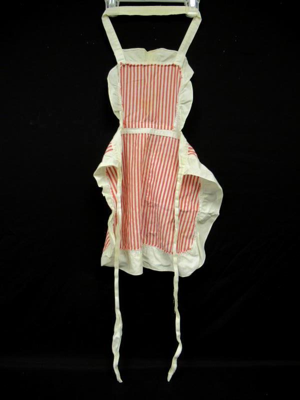 Vintage Child's Apron Red White Stripe Ruffles Pocket Tiebacks