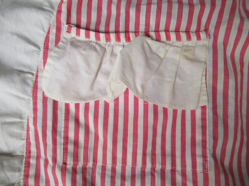 Vintage Child's Apron Red White Stripe Ruffles Pocket Tiebacks