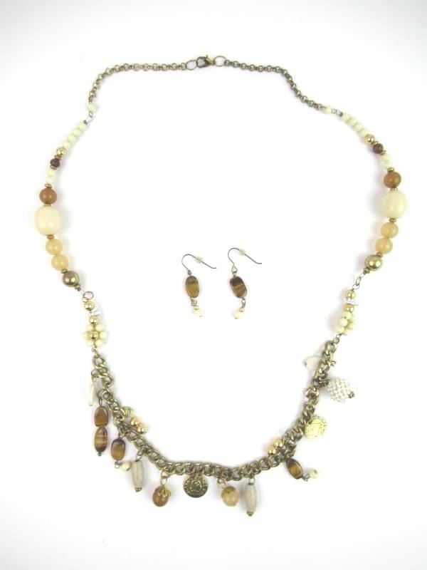 Hand Crafted Tiger Eye And Glass Bead Necklace And Pierced Earrings