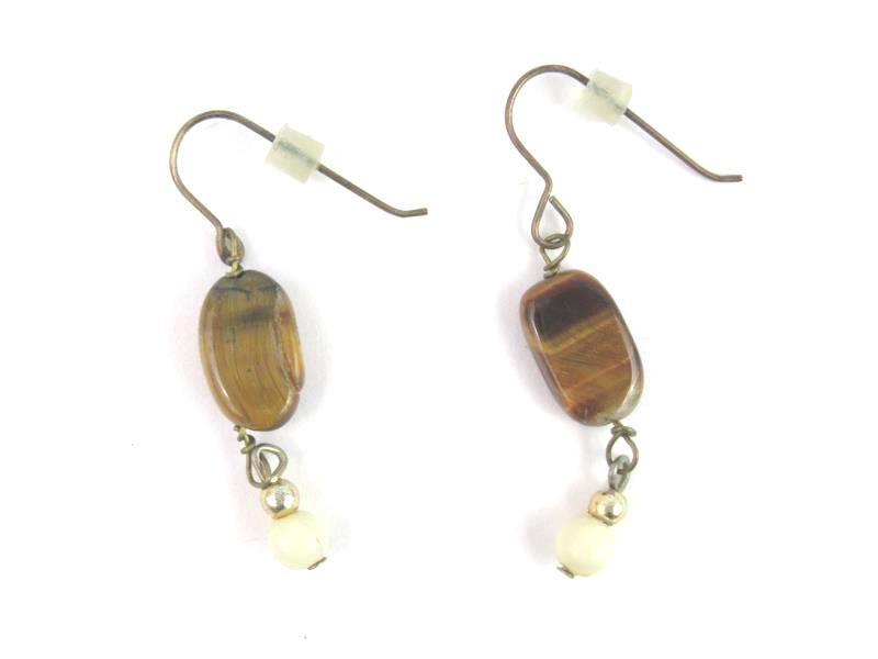 Hand Crafted Tiger Eye And Glass Bead Necklace And Pierced Earrings