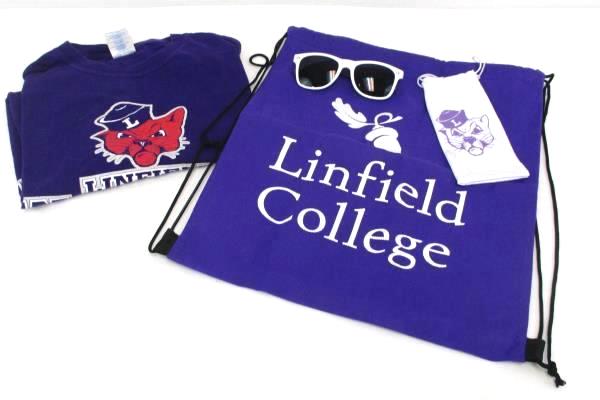 Linfield College Wildcats Lot Purple T Shirt M Back Pack Sunglasses and Case