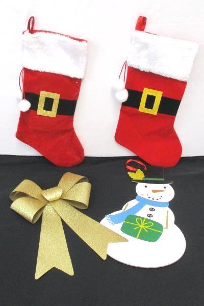 Christmas Decor Lot Hanging Gold Sparkle Bow Snowman 2 Santa Buckle Stockings