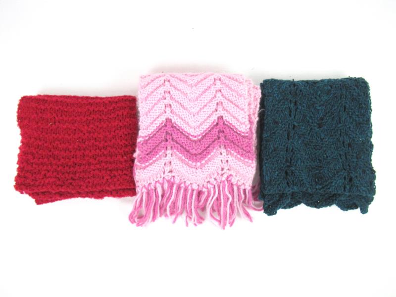 Lot of 3 Crochet Knit Scarfs Pink Red Teal Fringe Winter Accessories