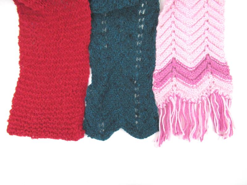 Lot of 3 Crochet Knit Scarfs Pink Red Teal Fringe Winter Accessories