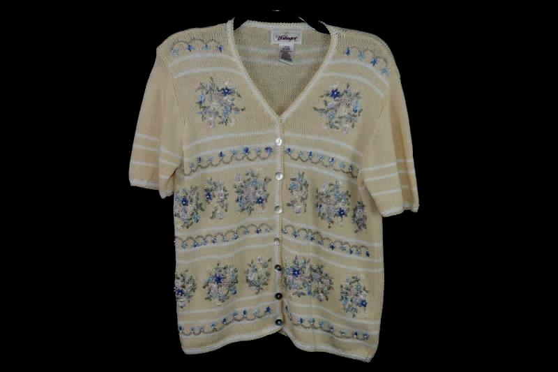 Vintage Worthington Knit Short Sleeve Top Women's Size Large Beaded Cream