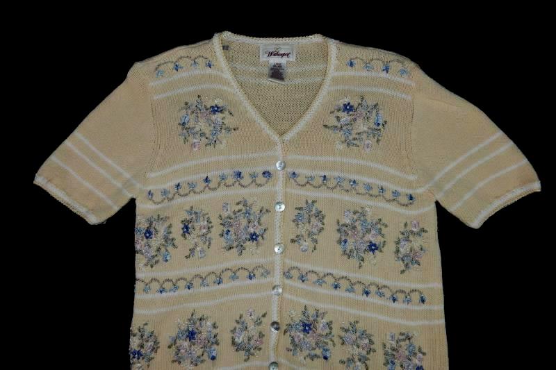 Vintage Worthington Knit Short Sleeve Top Women's Size Large Beaded Cream