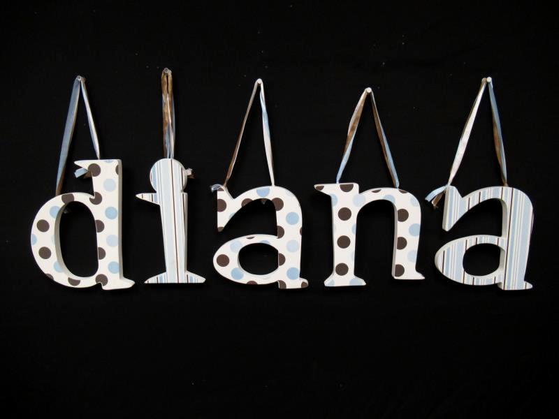 Hanging Blue And Brown Wood Letters DIANA Nursery Decor Stripes Polka Dot