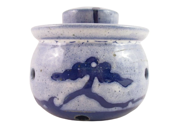 Artist Signed Pottery Incense Burner Jar With Lid Blue Gray Small Branches