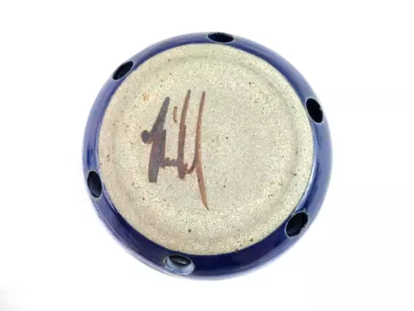Artist Signed Pottery Incense Burner Jar With Lid Blue Gray Small Branches