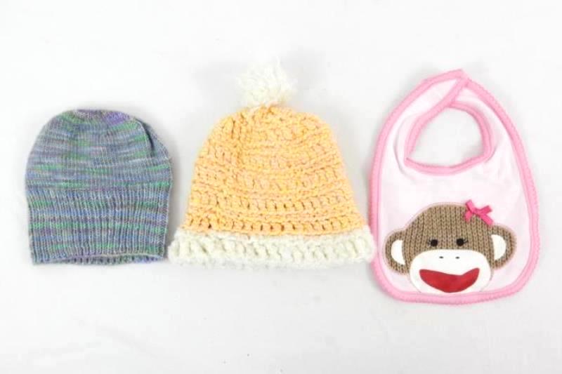 Lot of 3 Infant Baby Accessories Hats Bib Beanie Knit Monkey Pink Girl's Boy's