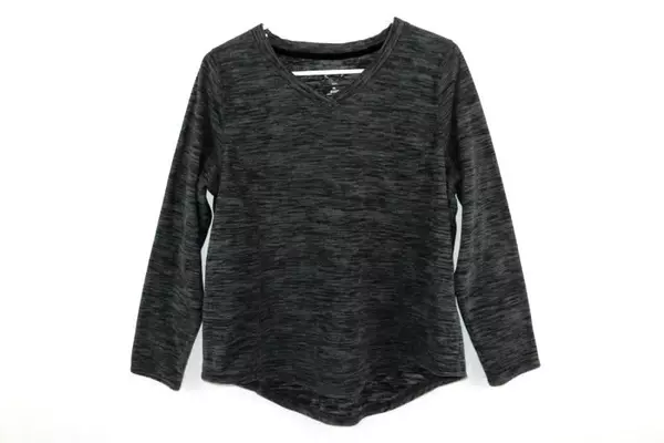 Women's Gray Fleece V Neck Knit Shirt Size PL Petite Large Gray And Black Stripe