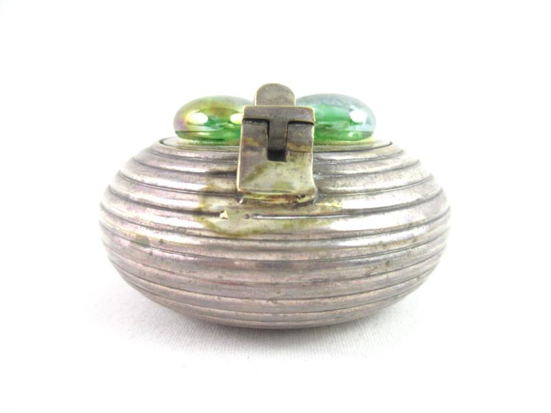 Vintage Round Silver Plate Ash Tray With Lid And Handle Ribbed Marbles On Top