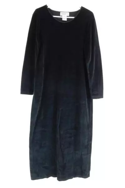Vintage Jones Wear Sport Black Velvet Midi Dress Women's Size L Long Sleeves