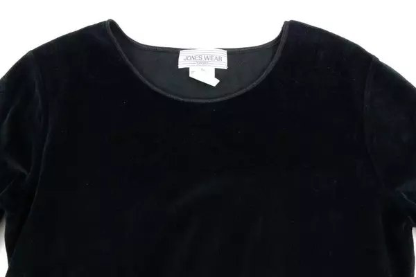 Vintage Jones Wear Sport Black Velvet Midi Dress Women's Size L Long Sleeves