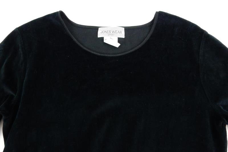 Vintage Jones Wear Sport Black Velvet Midi Dress Women's Size L Long Sleeves