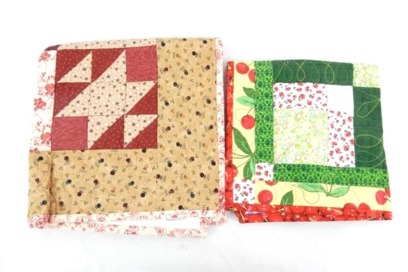 Lot of 2 Quilted End Table Cloths Small Square Cherries Floral Patchwork