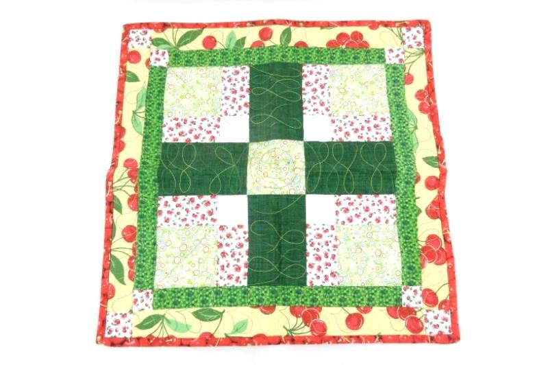 Lot of 2 Quilted End Table Cloths Small Square Cherries Floral Patchwork