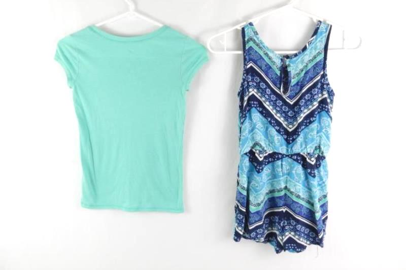 Lot of 2 Justice Girls Clothes Romper Tee Shirt Size 8 Teal Blue Green