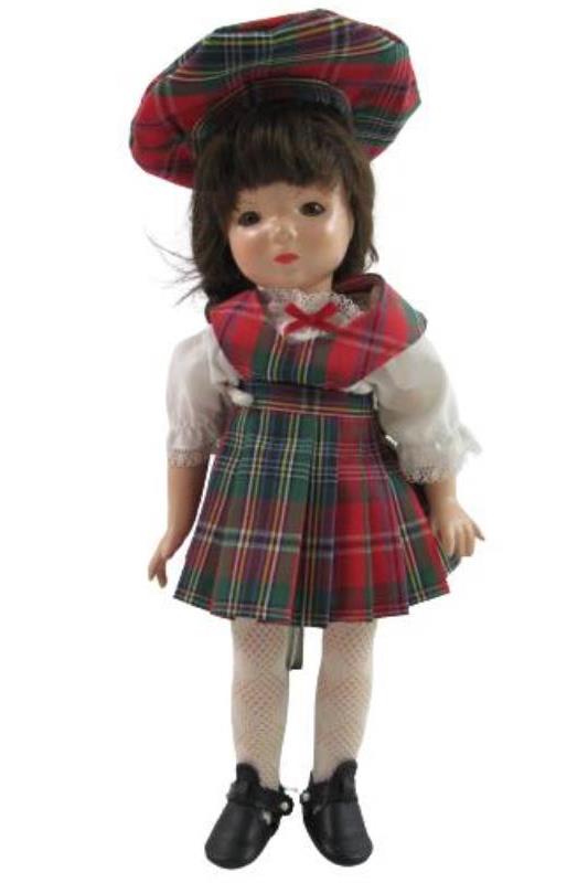 Vintage Jointed Composition Doll Brown Hair Red Green Plaid Jumper Tam Stand